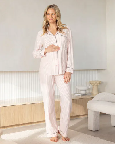 Angel Maternity Maternity Long Sleeve Pyjama Set in Pink Stripe