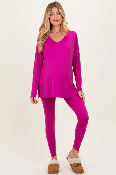 PinkBlush Magenta Brushed Knit Maternity Oversized Top and Legging Set