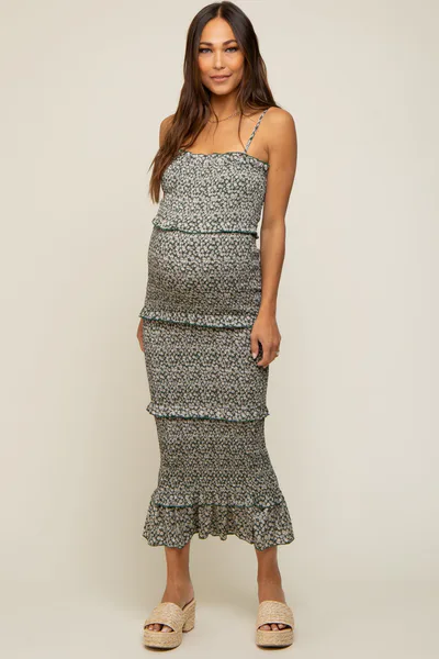 PinkBlush Forest Green Floral Smocked Ruffle Tier Maternity Midi Dress