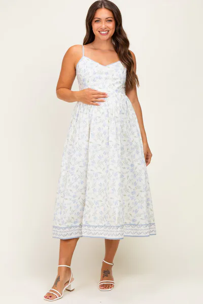 PinkBlush French Blue Floral Embroidered Hem Maternity Midi Dress