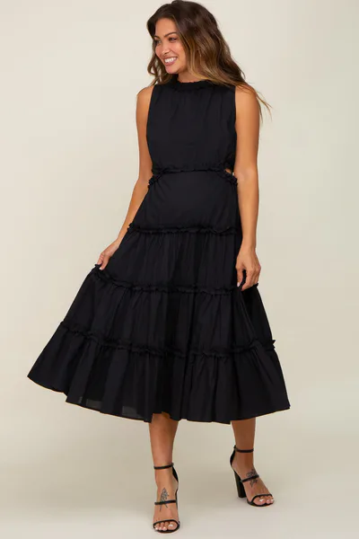 PinkBlush Black Tiered Ruffle Cutout Maternity Midi Dress