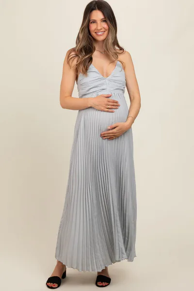 PinkBlush Silver Pleated Back Cutout Tie Maternity Maxi Dress