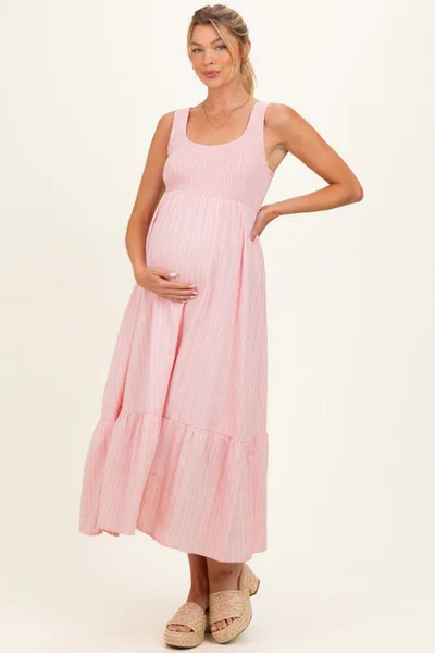 PinkBlush Pink Smocked Striped Sleeveless Maternity Maxi Dress