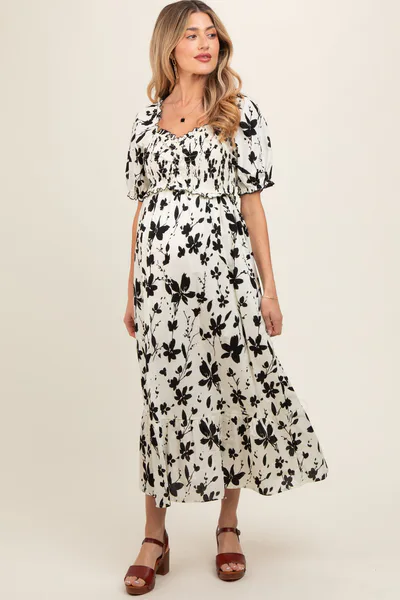 PinkBlush Cream Floral Puff Sleeve Maternity Midi Dress
