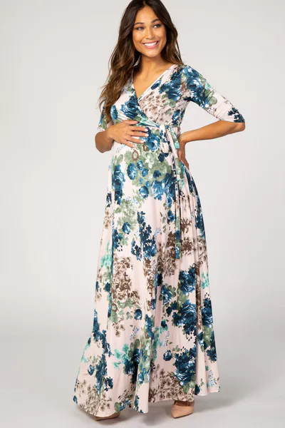 PinkBlush PinkBlush Light Pink Floral Sash Tie Maternity/Nursing Dress
