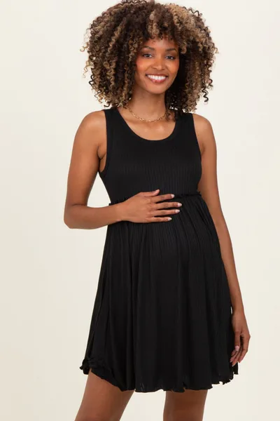 PinkBlush Black Ribbed Sleeveless Lettuce Trim Maternity Mini Dress