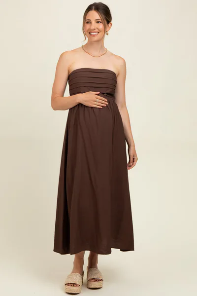 PinkBlush Brown Pleated Bodice Strapless Maternity Midi Dress