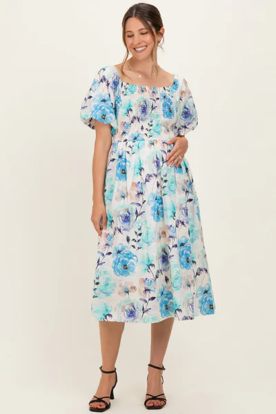 PinkBlush Blue Floral Smocked Puff Sleeve Maternity Midi Dress