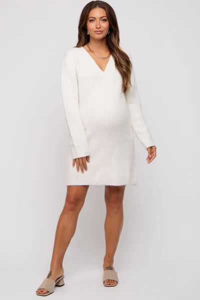 PinkBlush Ivory V-Neck Oversized Maternity Sweater Dress