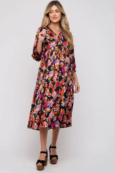 PinkBlush Black Floral Satin Ruffle Neck Maternity Midi Dress