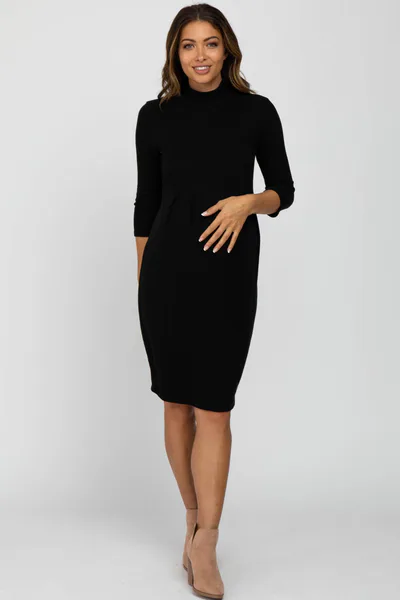 PinkBlush Black Brushed Mock Neck Fitted Maternity Dress