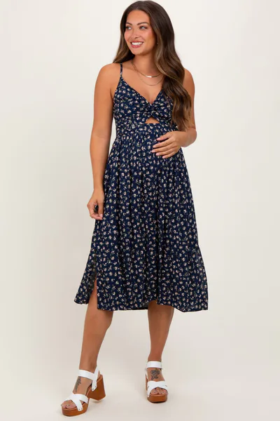 PinkBlush Navy Floral Twist Front Cut Out Maternity Midi Dress