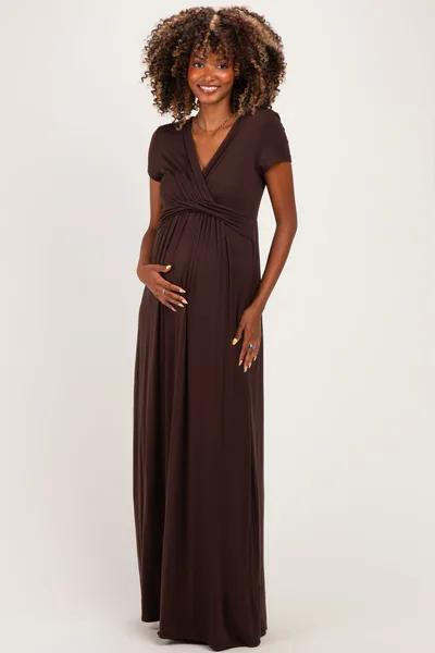 PinkBlush PinkBlush Brown Draped Maternity/Nursing Maxi Dress