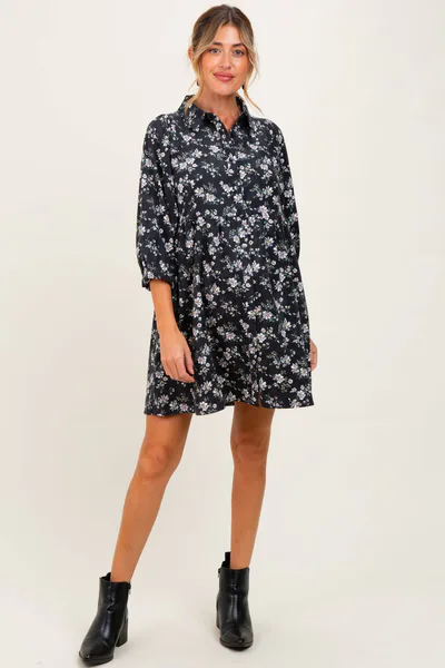 PinkBlush Black Floral Corduroy Button Down Maternity Shirt Dress