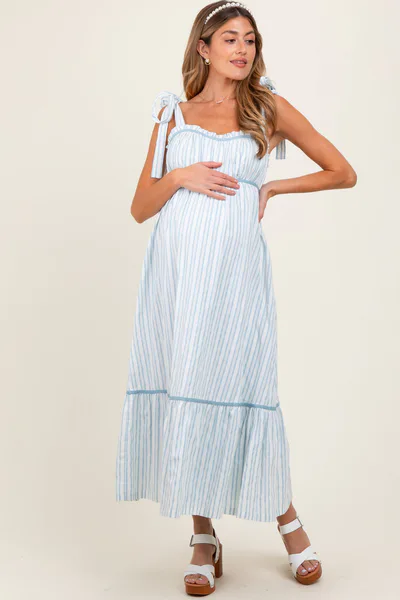 PinkBlush Ivory Striped Bow-Tie Maternity Maxi Dress