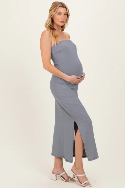 PinkBlush Navy Strapless Side Slit Maternity Midi Dress