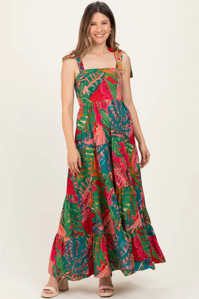 PinkBlush Green Printed Shoulder Tie Tiered Maternity Maxi Dress