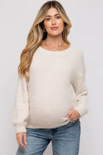 PinkBlush Beige Fuzzy Soft Knit Maternity Sweater