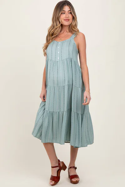 PinkBlush Light Olive Dot Stripe Tiered Maternity Midi Dress