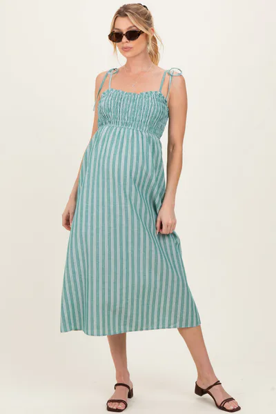 PinkBlush Jade Green Striped Smocked Shoulder Tie Maternity Midi Dress