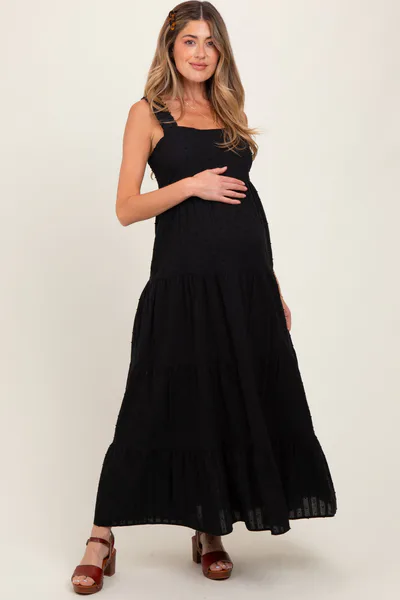 PinkBlush Black Swiss Dot Tiered Sleeveless Maternity Maxi Dress