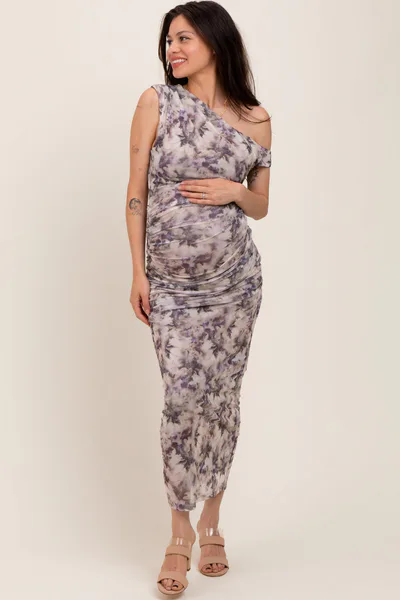 PinkBlush Purple Floral Ruched One Shoulder Maternity Midi Dress