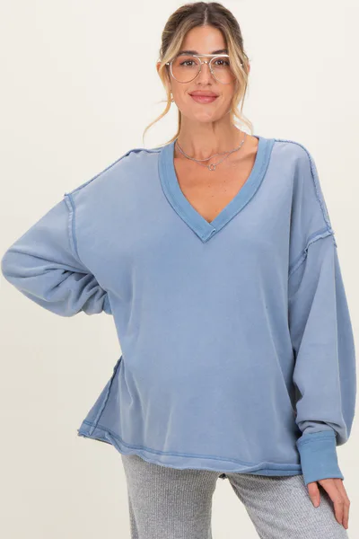 PinkBlush Blue Mineral Washed French Terry Oversized Maternity Sweatshirt