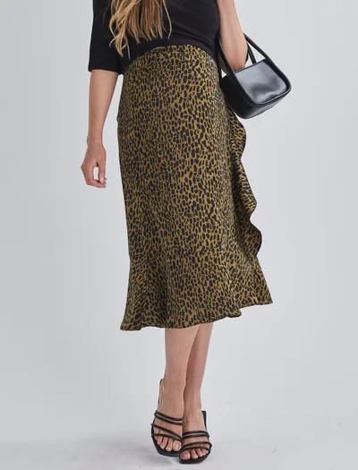 Angel Maternity Christie Maternity Wrap Midi Skirt in Khaki Leopard Print