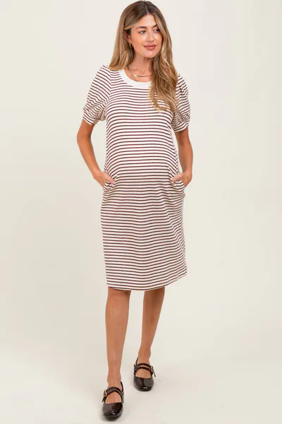 PinkBlush Burgundy Striped Puff Sleeve Maternity Midi T-Shirt Dress