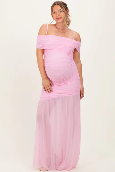 PinkBlush Baby Pink Ruched Mesh Off Shoulder Maternity Maxi Dress