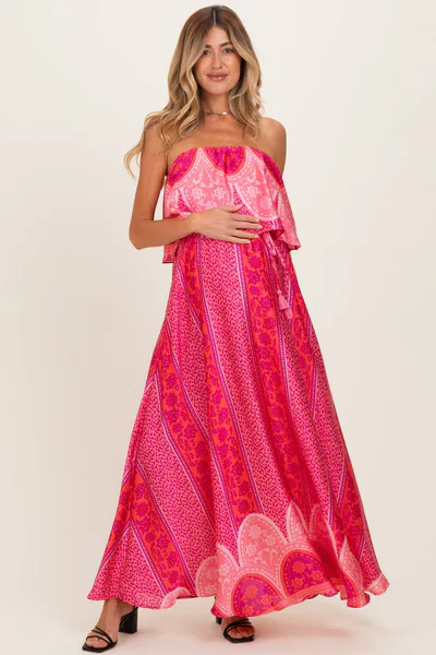 PinkBlush Fuchsia Printed Satin Flounce Strapless Maternity Maxi Dress