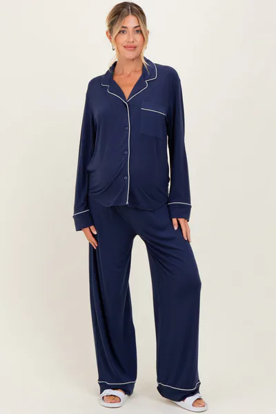 PinkBlush Dark Navy Button Down Top Wide Leg Pant Maternity Pajama Set