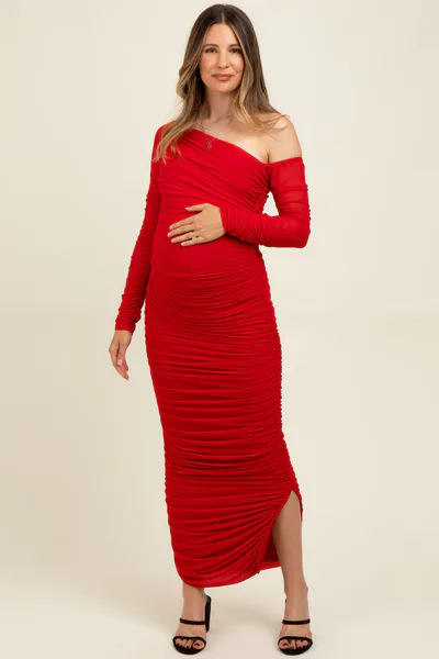 PinkBlush Red Ruched Mesh One Shoulder Long Sleeve Maternity Maxi Dress