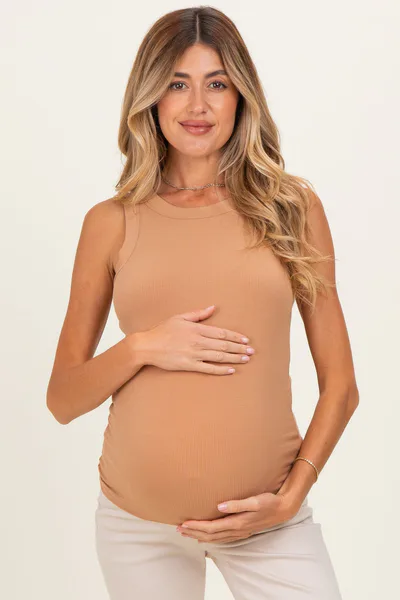 PinkBlush Camel Ribbed High Neck Maternity Tank Top