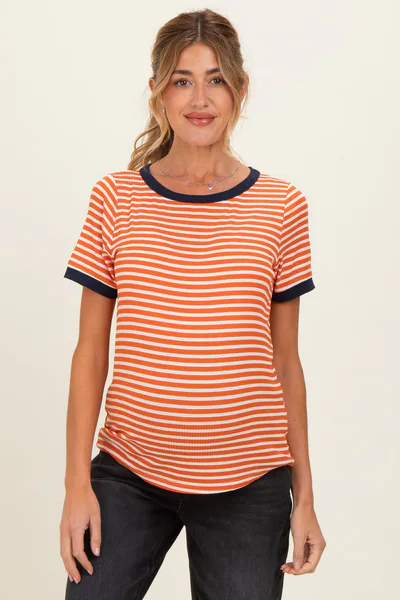 PinkBlush Orange Striped Short Sleeve Maternity Top