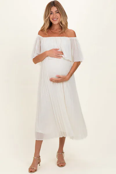 PinkBlush Cream Pleated Off Shoulder Flounce Maternity Midi Dress