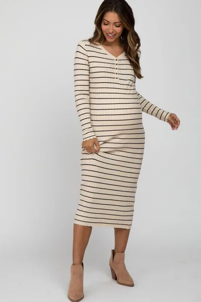 PinkBlush Cream Ribbed Striped Maternity Midi Dress