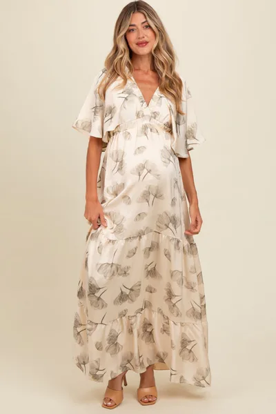 PinkBlush Cream Floral Deep V-Neck Maternity Maxi Dress