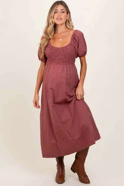PinkBlush Mauve Striped Popcorn Smocked Maternity Midi Dress