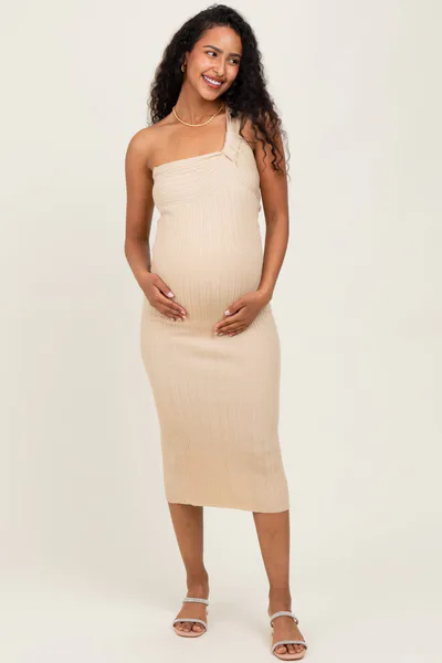 PinkBlush Beige Metallic Ribbed Knit One Strap Maternity Midi Dress
