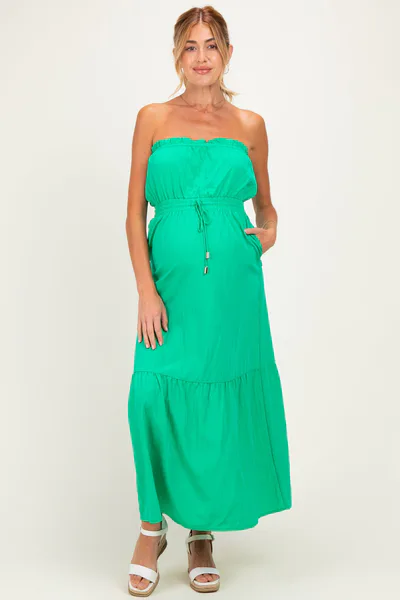 PinkBlush Green Strapless Cinched Waist Tie Maternity Maxi Dress