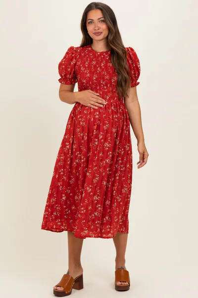 PinkBlush Red Floral Smocked Maternity Midi Dress