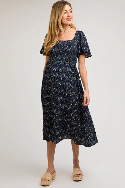 PinkBlush Navy Floral Square Neck Smocked Maternity Midi Dress