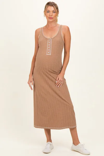 PinkBlush Tan Cable Knit Sleeveless Maternity Midi Dress