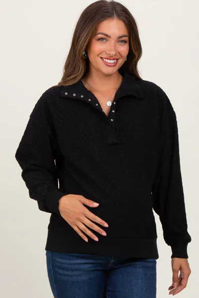 PinkBlush Black Quilted Knit Snap Collar Maternity Pullover Top