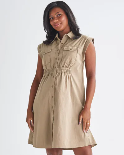 Angel Maternity Kaya Maternity Safari Shirt Dress In Beige