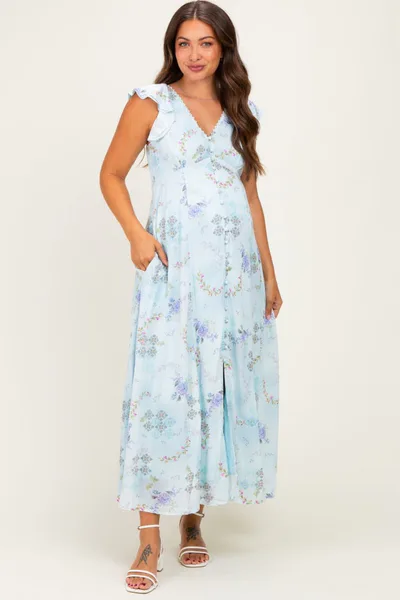 PinkBlush Blue Floral Button Down Maternity Maxi Dress