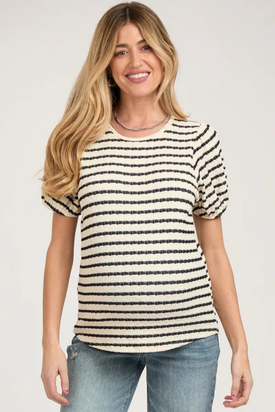 PinkBlush Black Striped Textured Puff Sleeve Maternity Top