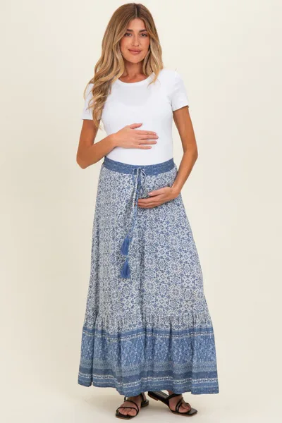 PinkBlush Blue Boho Print Drawstring Smocked Waist Maternity Maxi Skirt