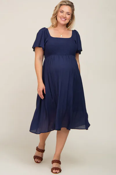 PinkBlush Navy Blue Smocked Square Neck Flutter Short Sleeve Maternity Plus Midi Dress